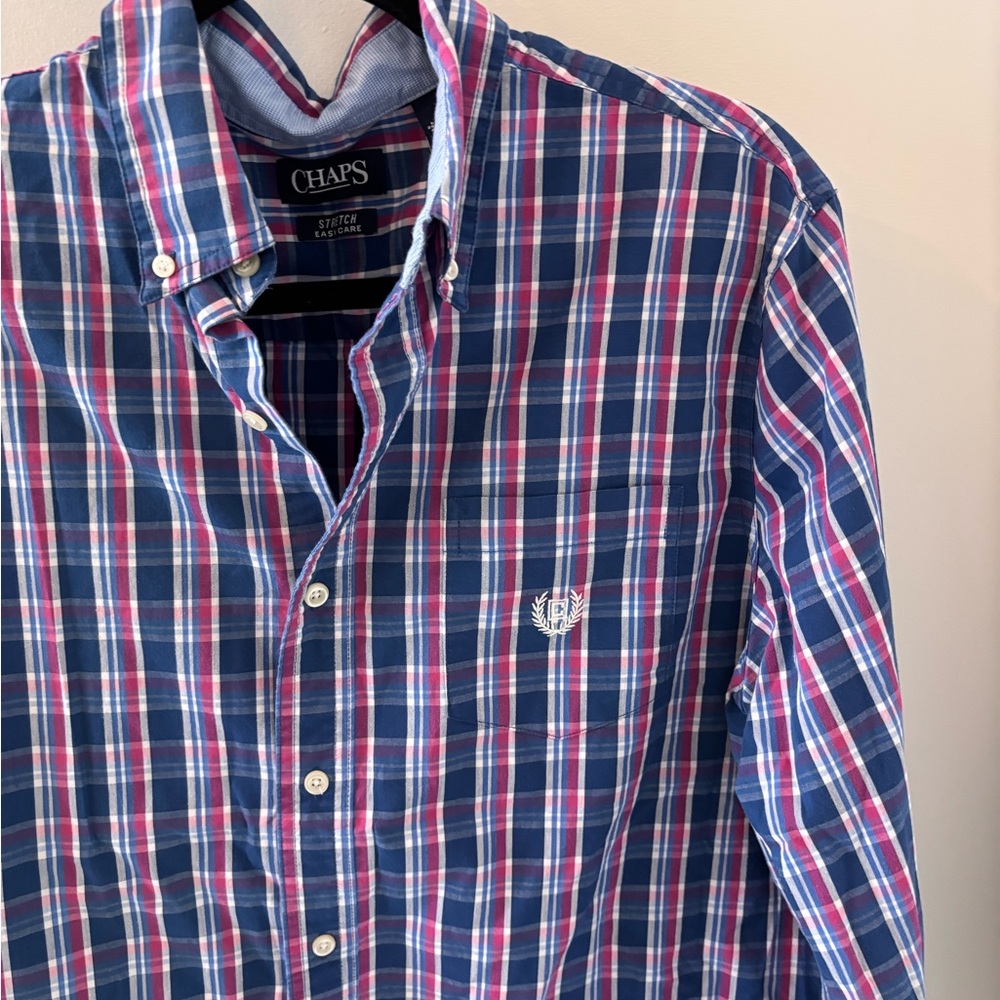 Chaps Men's Navy and Pink Plaid Button-Down Shirt - Picture 2 of 4